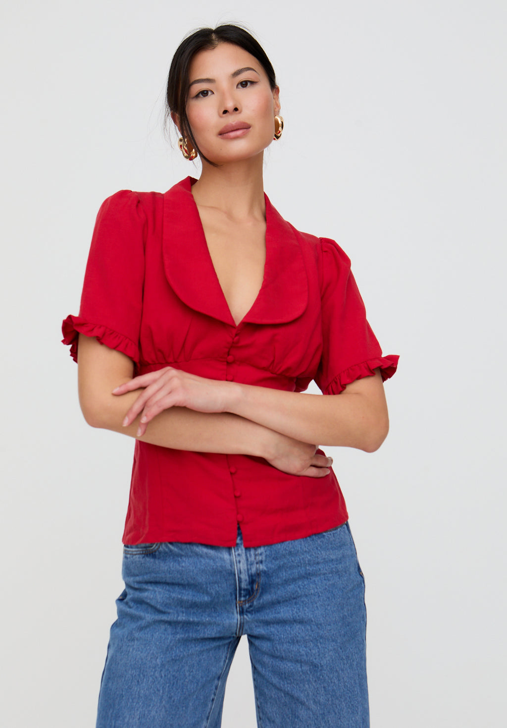 Rachel Vintage Inspired Short Sleeve Shirt In Red