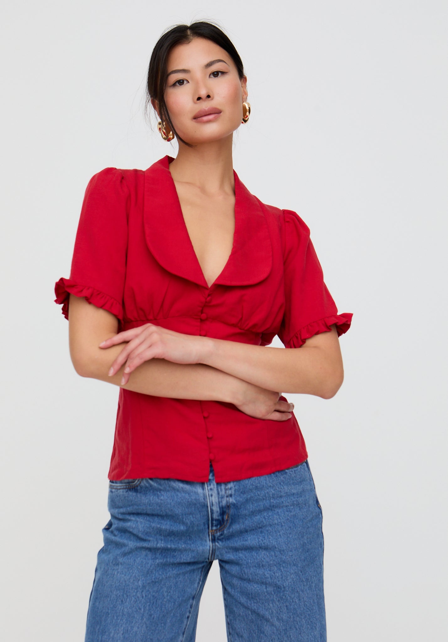 Rachel Vintage Inspired Short Sleeve Shirt In Red