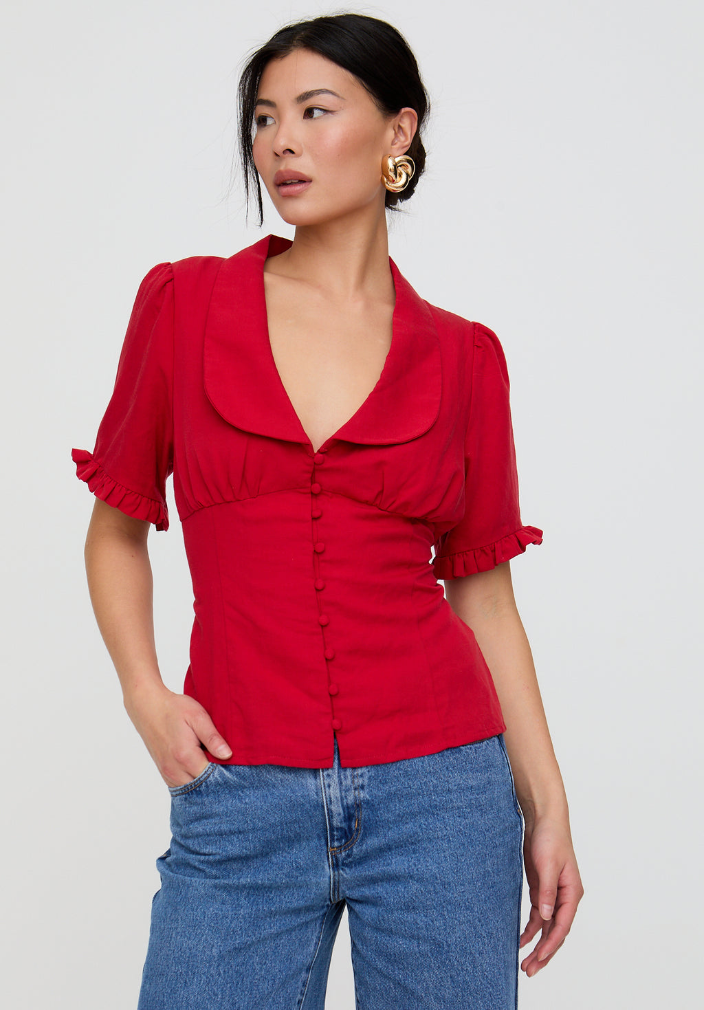 Rachel Vintage Inspired Short Sleeve Shirt In Red