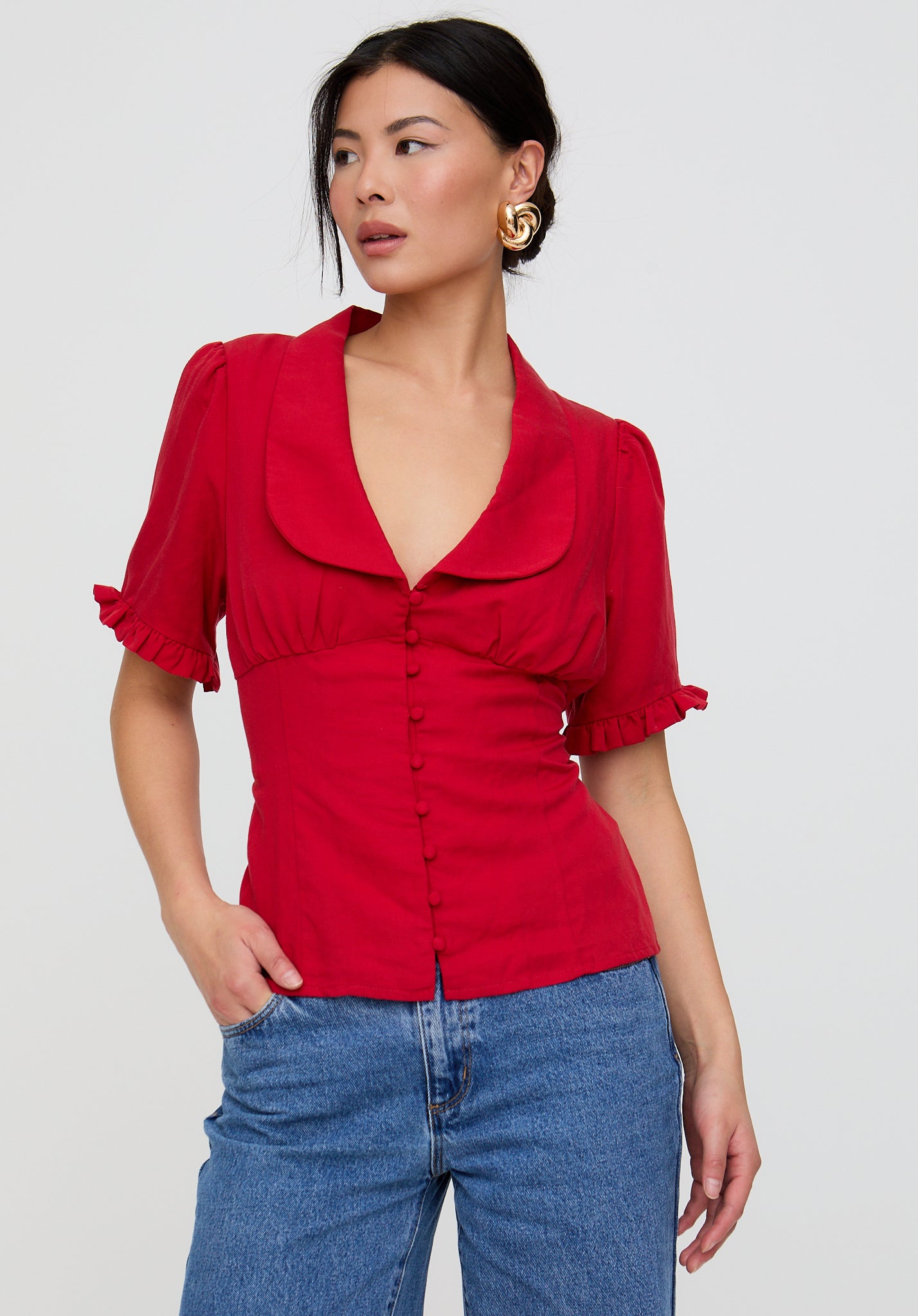 Rachel Vintage Inspired Short Sleeve Shirt In Red
