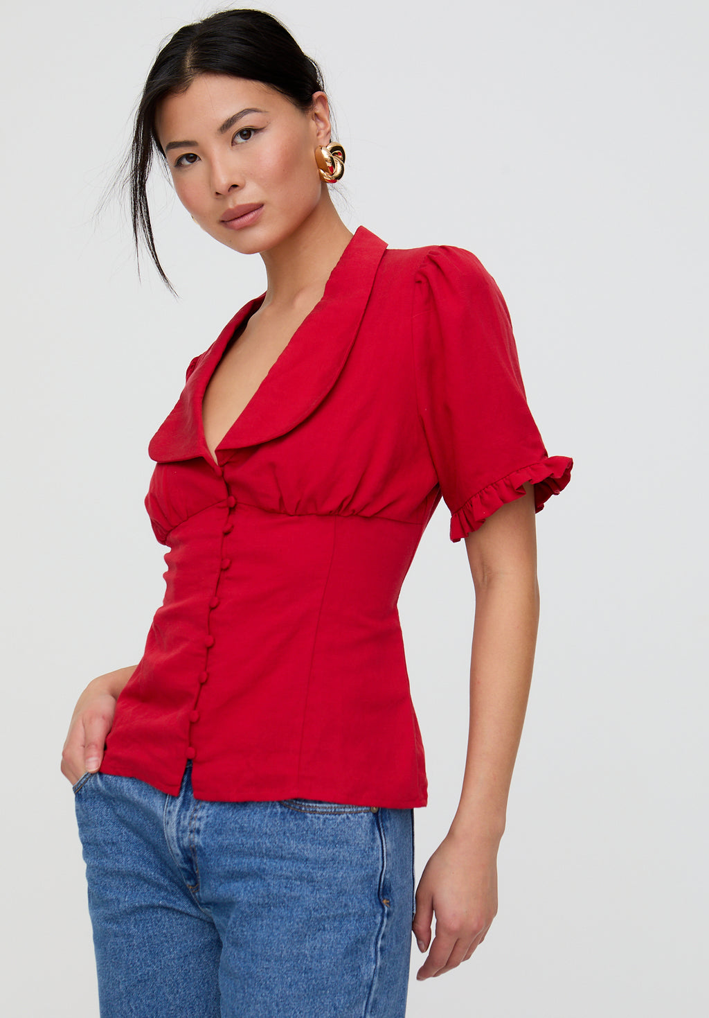Rachel Vintage Inspired Short Sleeve Shirt In Red