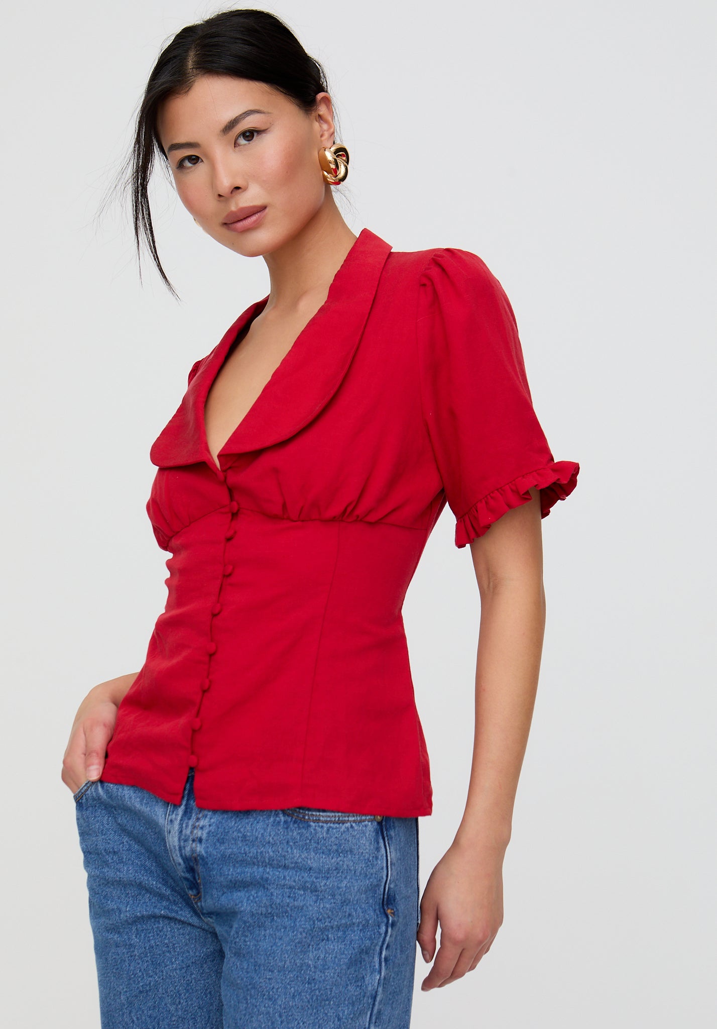 Rachel Vintage Inspired Short Sleeve Shirt In Red