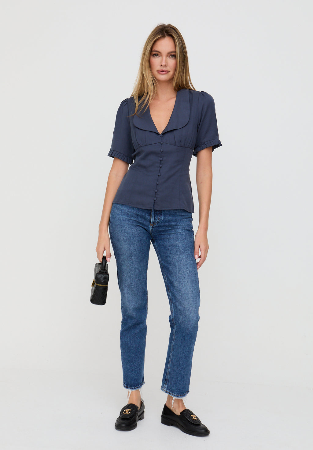 Rachel Vintage Inspired Short Sleeve Shirt In Navy