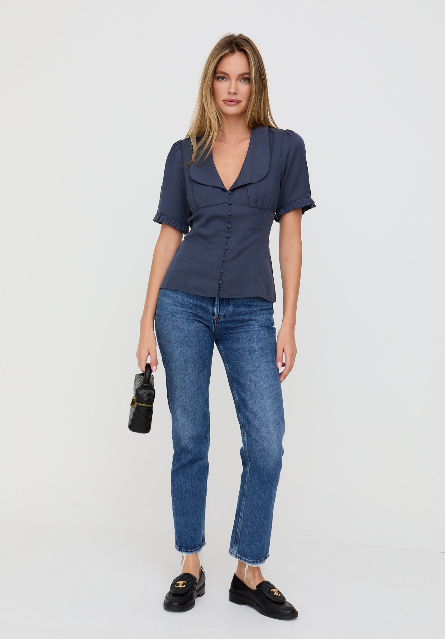 Rachel Vintage Inspired Short Sleeve Shirt In Navy