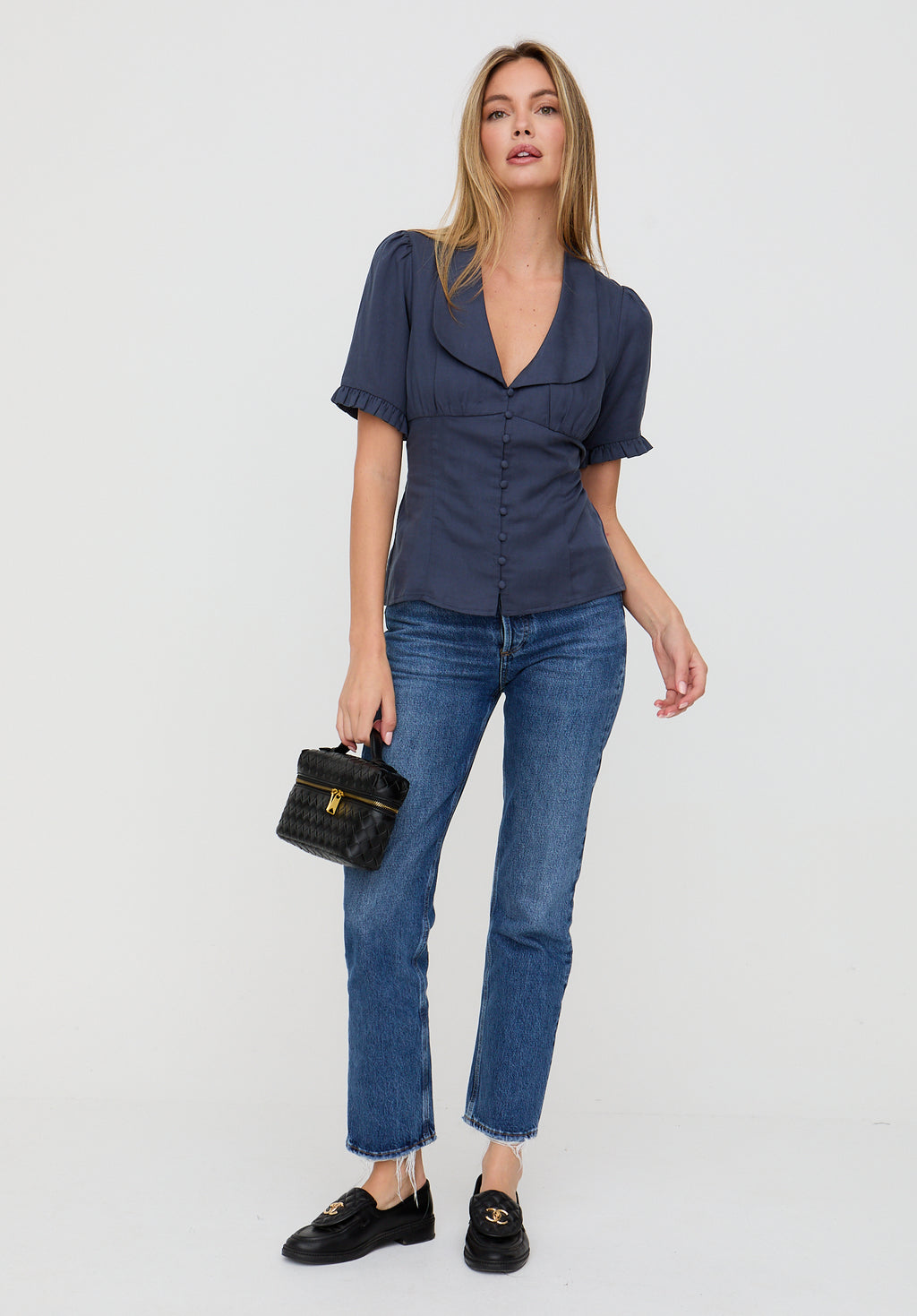 Rachel Vintage Inspired Short Sleeve Shirt In Navy