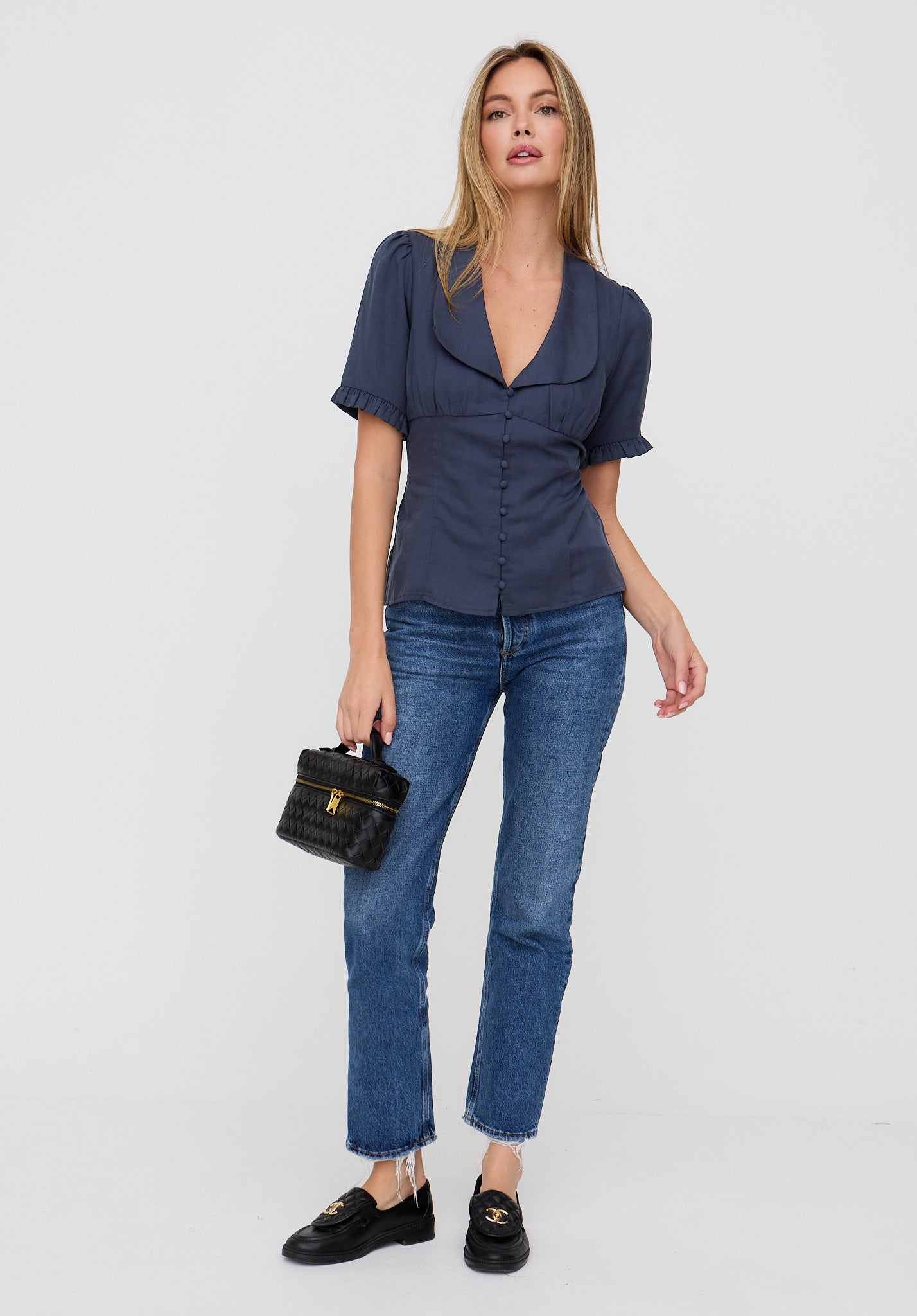 Rachel Vintage Inspired Short Sleeve Shirt In Navy