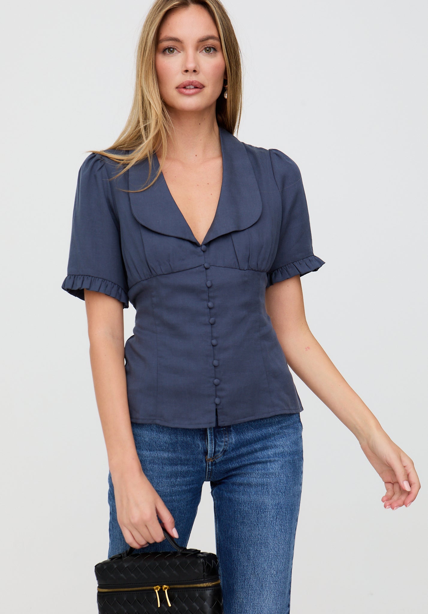 Rachel Vintage Inspired Short Sleeve Shirt In Navy