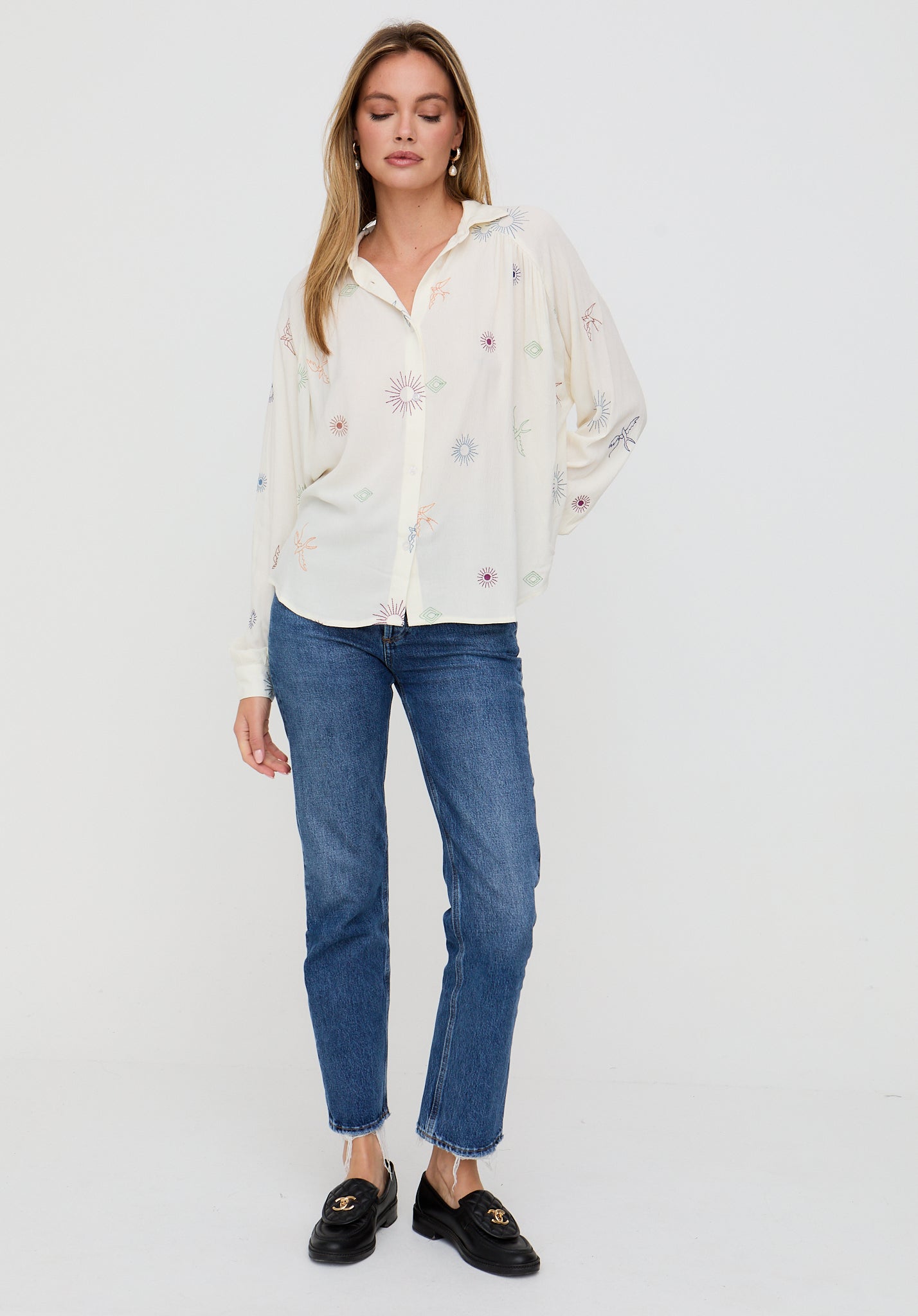 Swallow Crinkle Embroidered Shirt In Cream