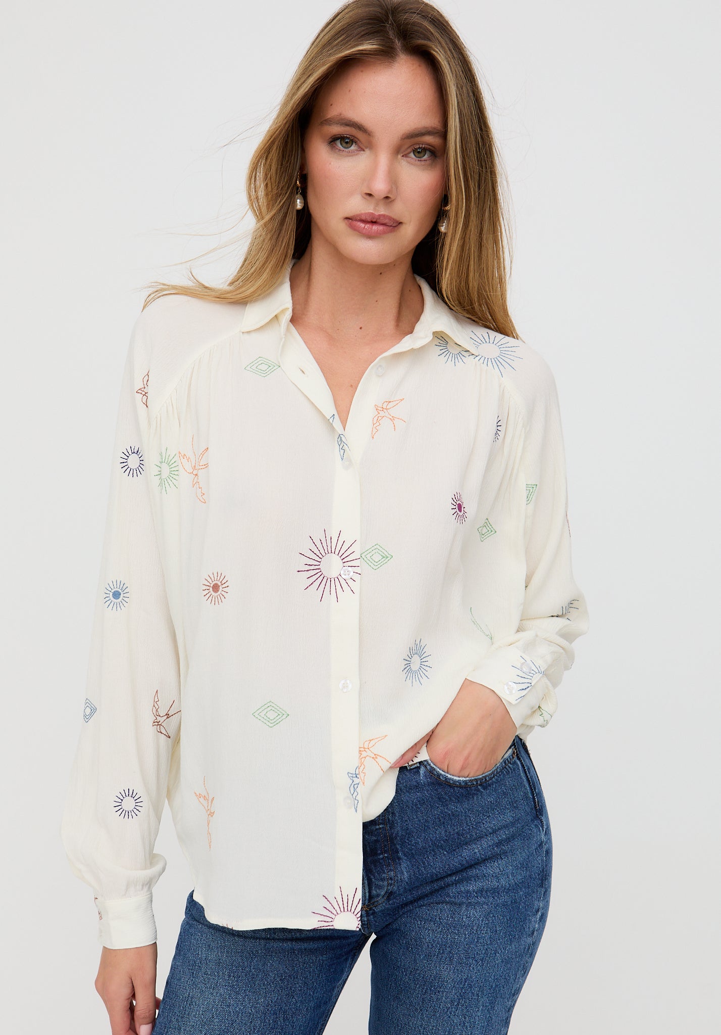 Swallow Crinkle Embroidered Shirt In Cream