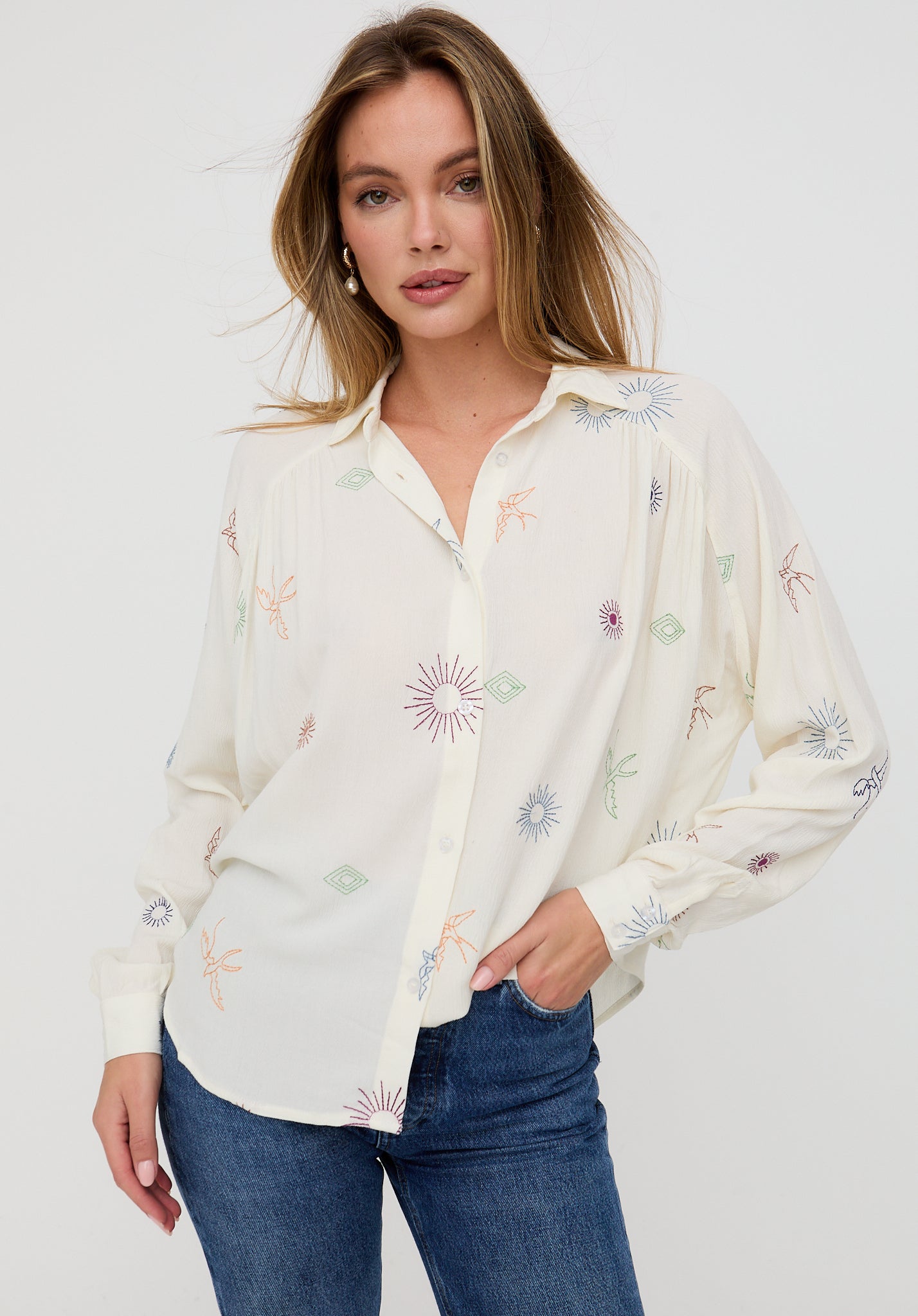 Swallow Crinkle Embroidered Shirt In Cream