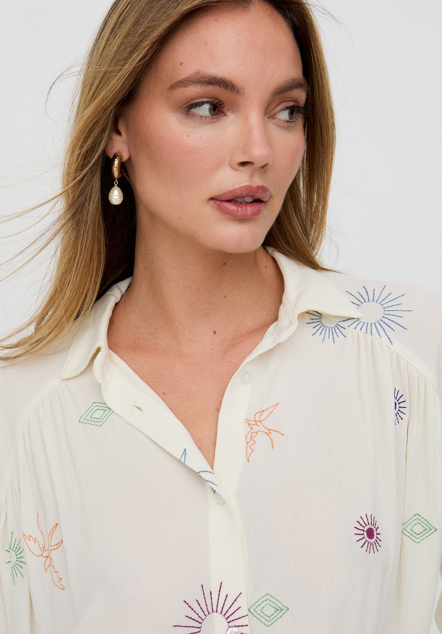 Swallow Crinkle Embroidered Shirt In Cream