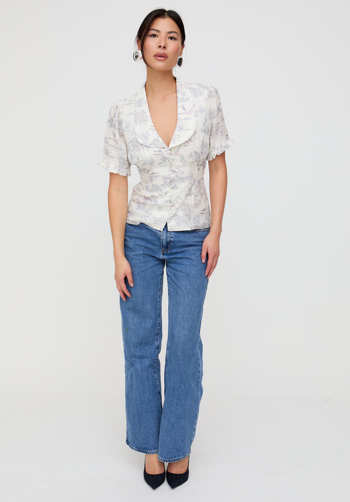 Rachel Vintage Inspired Short Sleeve Josephine Print Shirt In Cream