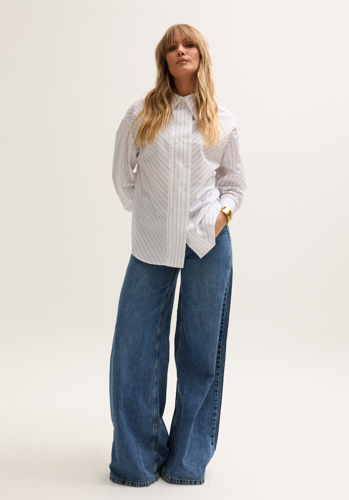 Dapper Double Placket Stripe Shirt In White