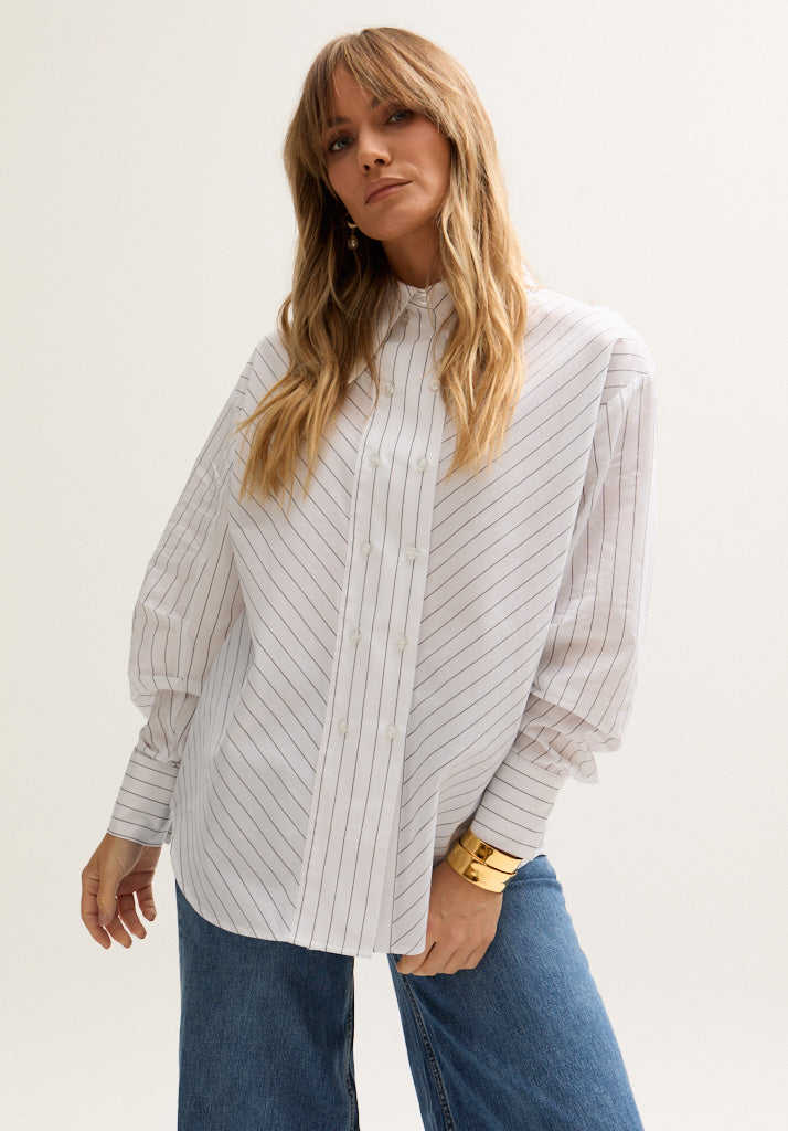 Dapper Double Placket Stripe Shirt In White