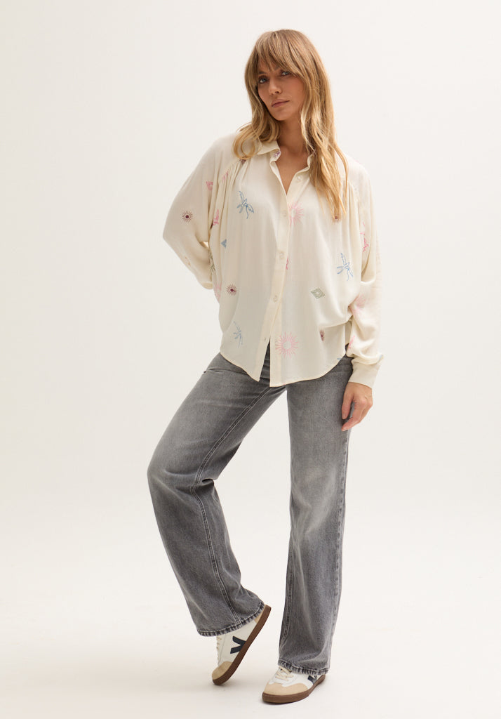 Swallow Crinkle Embroidered Shirt In Cream
