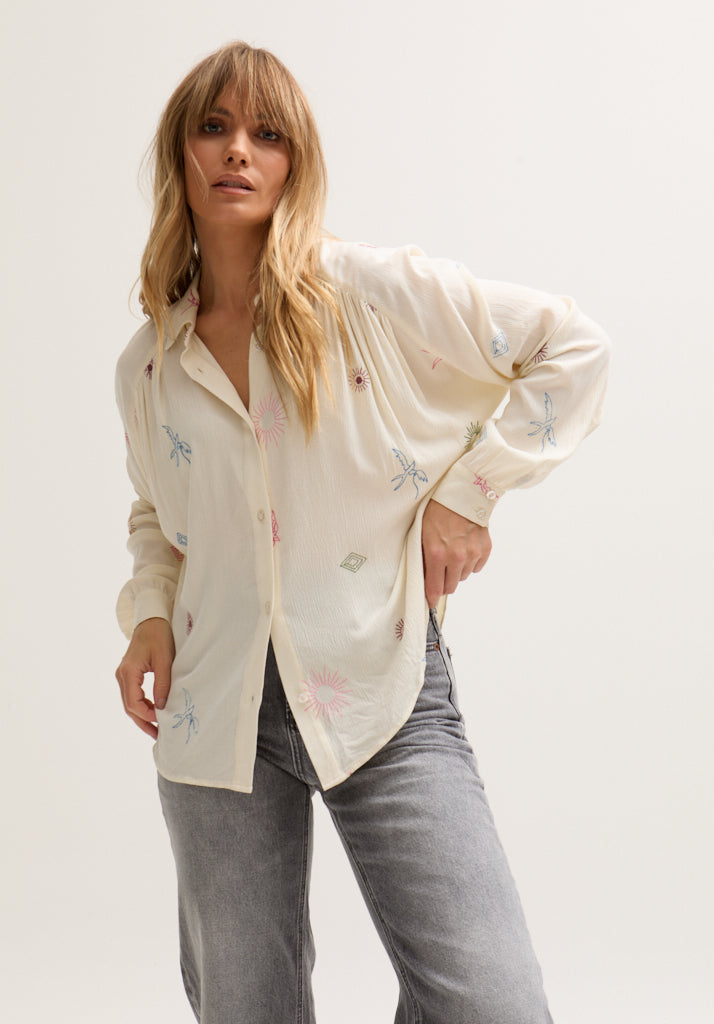 Swallow Crinkle Embroidered Shirt In Cream