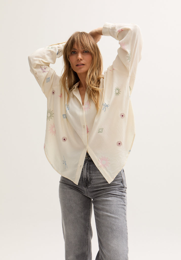 Swallow Crinkle Embroidered Shirt In Cream