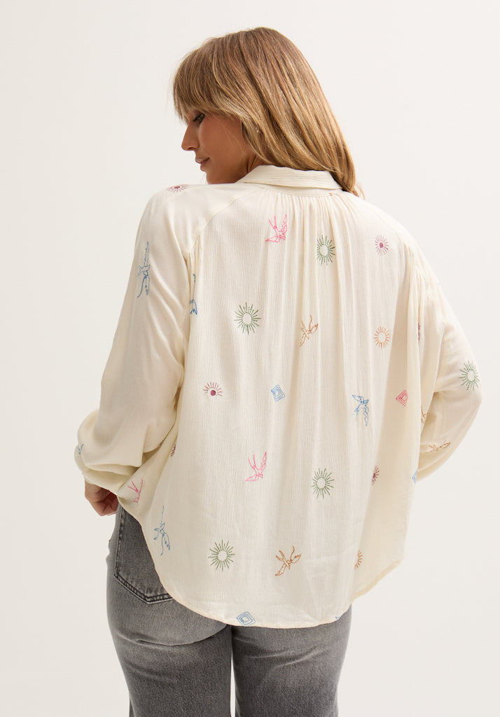 Swallow Crinkle Embroidered Shirt In Cream