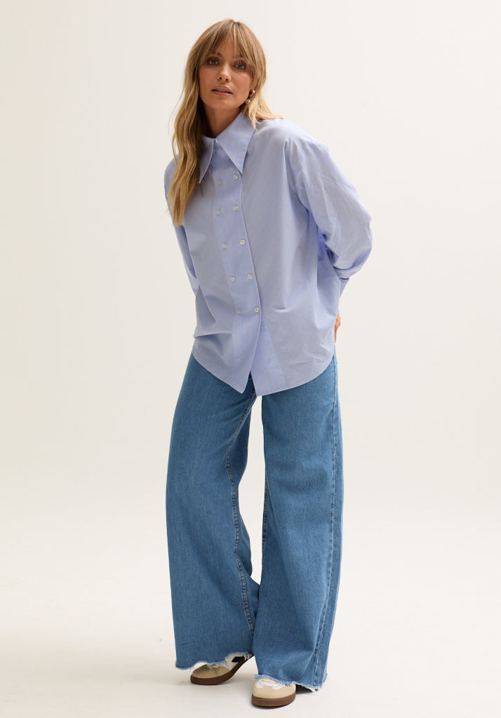 Dapper Double Placket Stripe Shirt In Blue