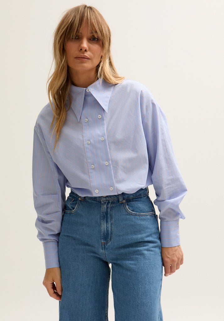 Dapper Double Placket Stripe Shirt In Blue