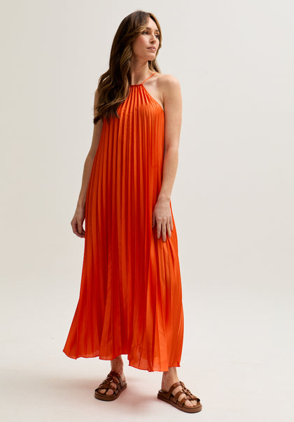 Philomena Halter Neck Pleated Maxi Dress In Orange