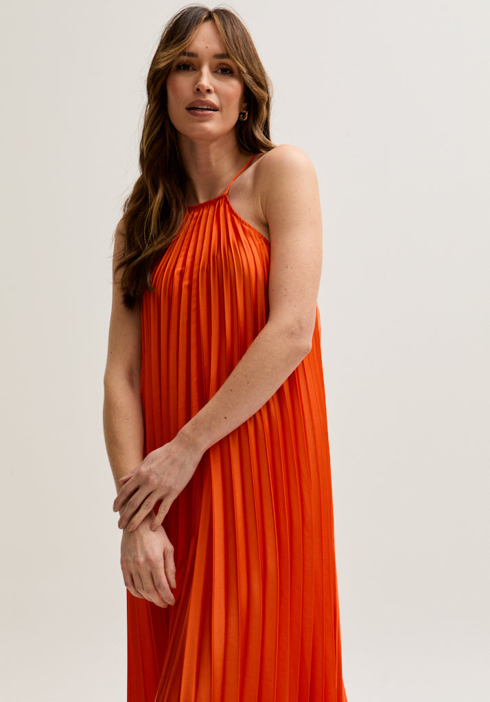 Philomena Halter Neck Pleated Maxi Dress In Orange