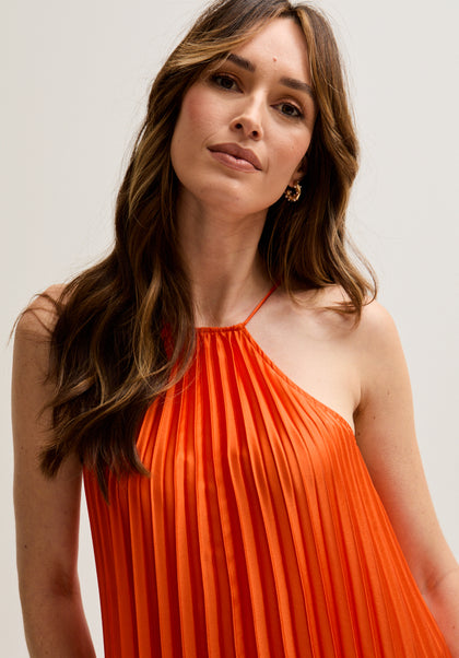 Philomena Halter Neck Pleated Maxi Dress In Orange