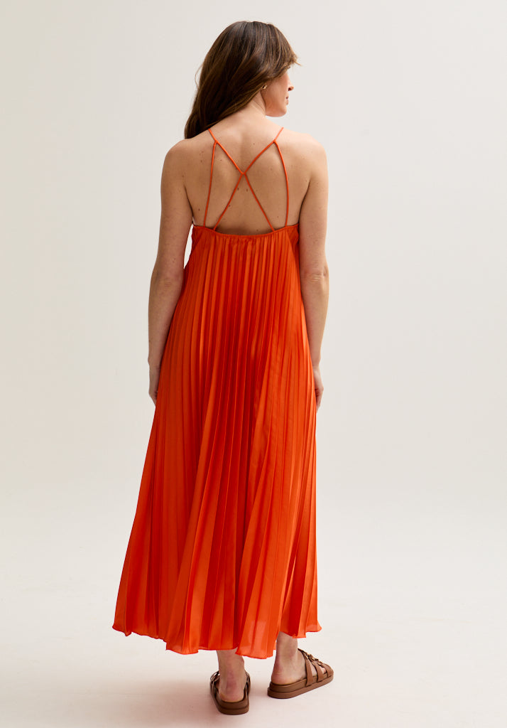Philomena Halter Neck Pleated Maxi Dress In Orange – Lily