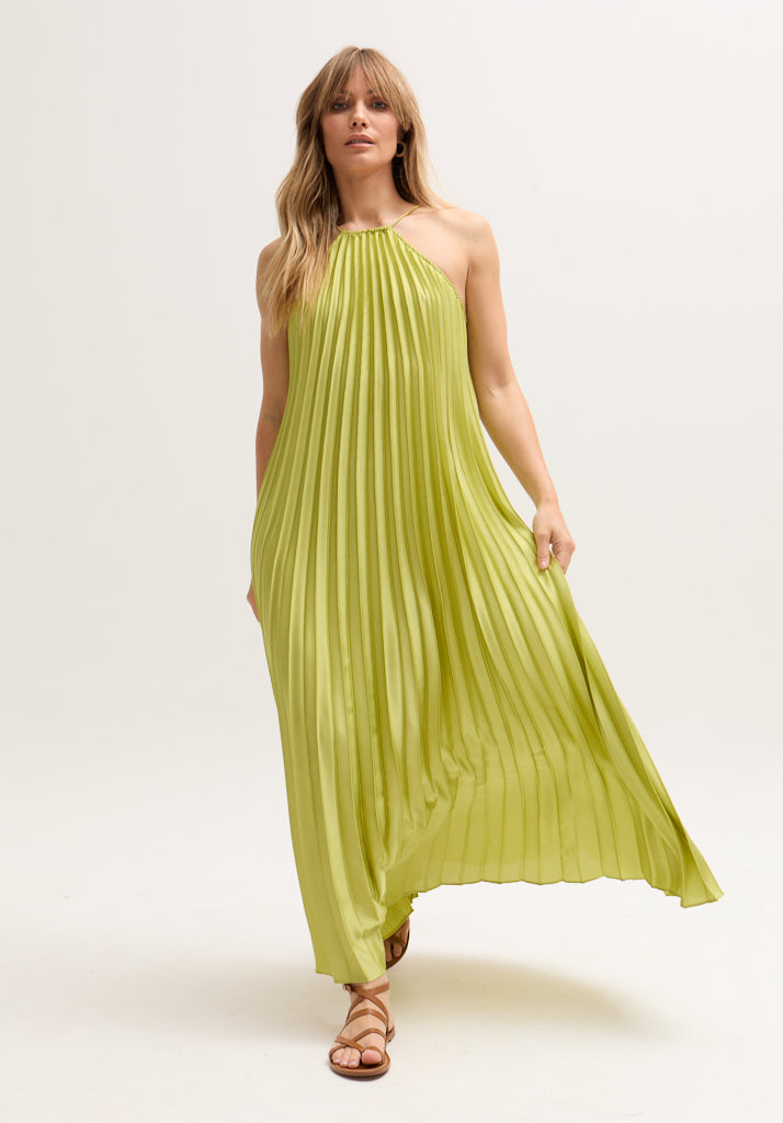 Philomena Halter Neck Pleated Maxi Dress In Green