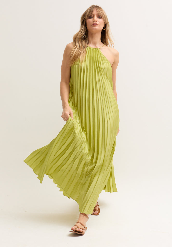 Philomena Halter Neck Pleated Maxi Dress In Green