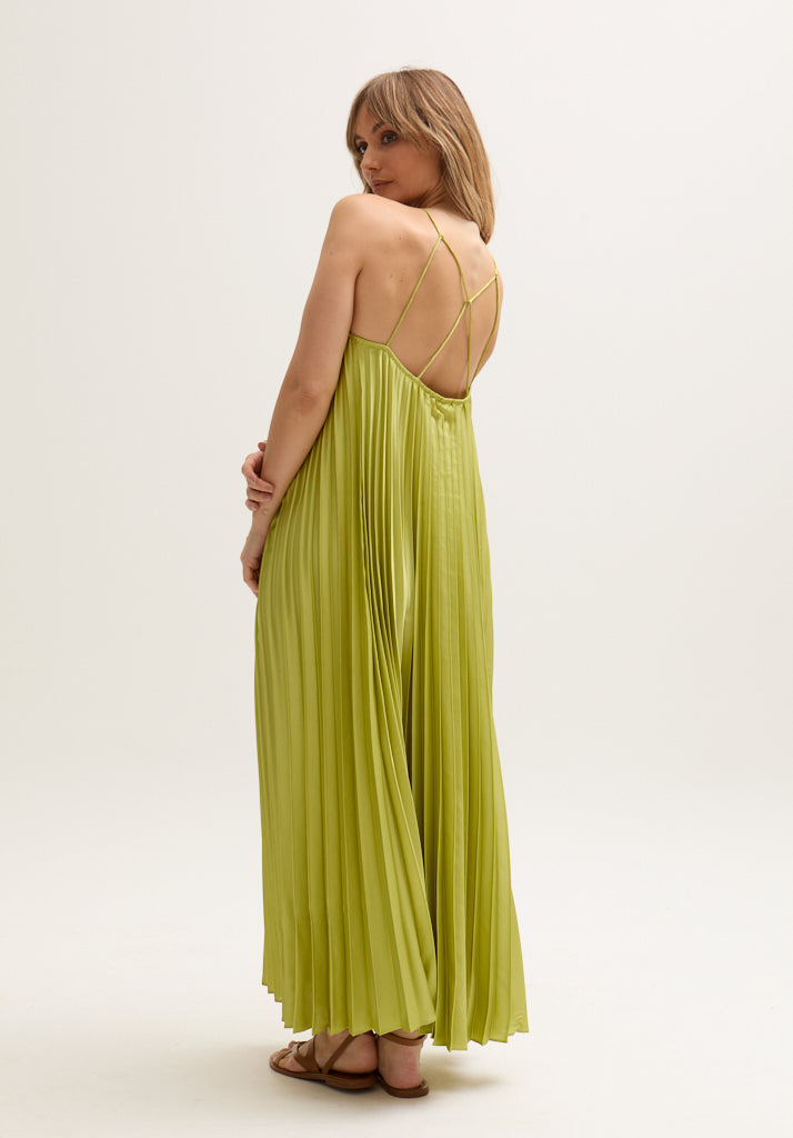 Philomena Halter Neck Pleated Maxi Dress In Green