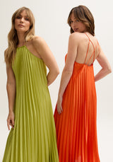 Dual image with Philomena Halter Neck Pleated Maxi Dress In Orange and Green