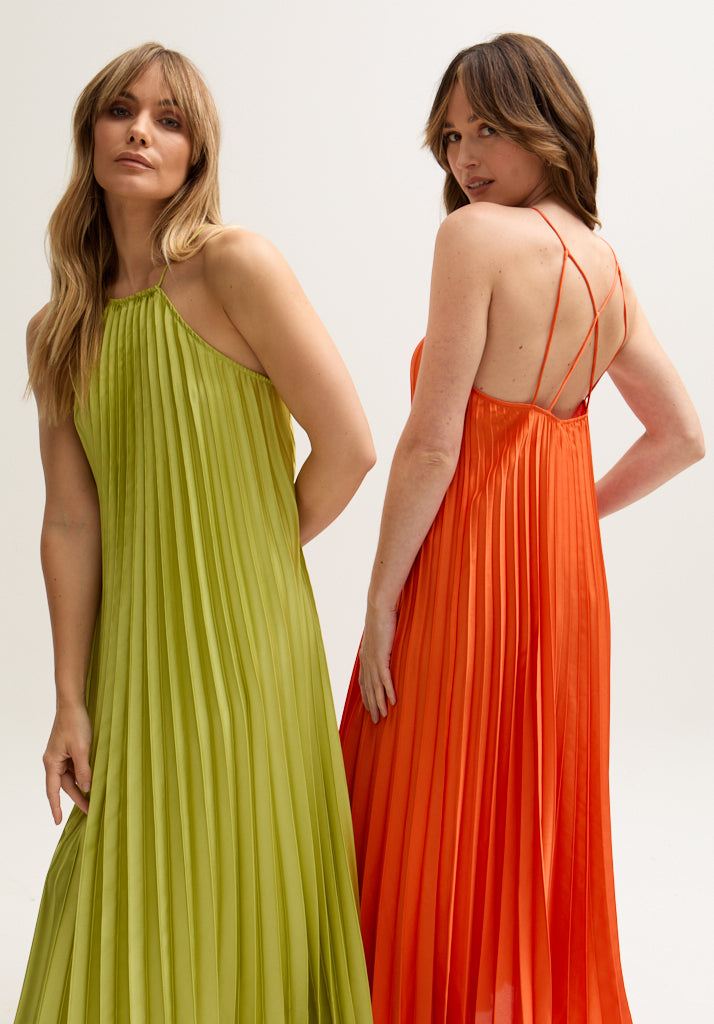 Dual image with Philomena Halter Neck Pleated Maxi Dress In Orange and Green