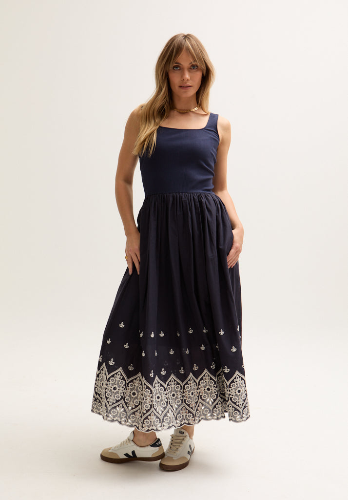 Cora Sleeveless Jersey Bodice Embroidered Midi Dress In Navy