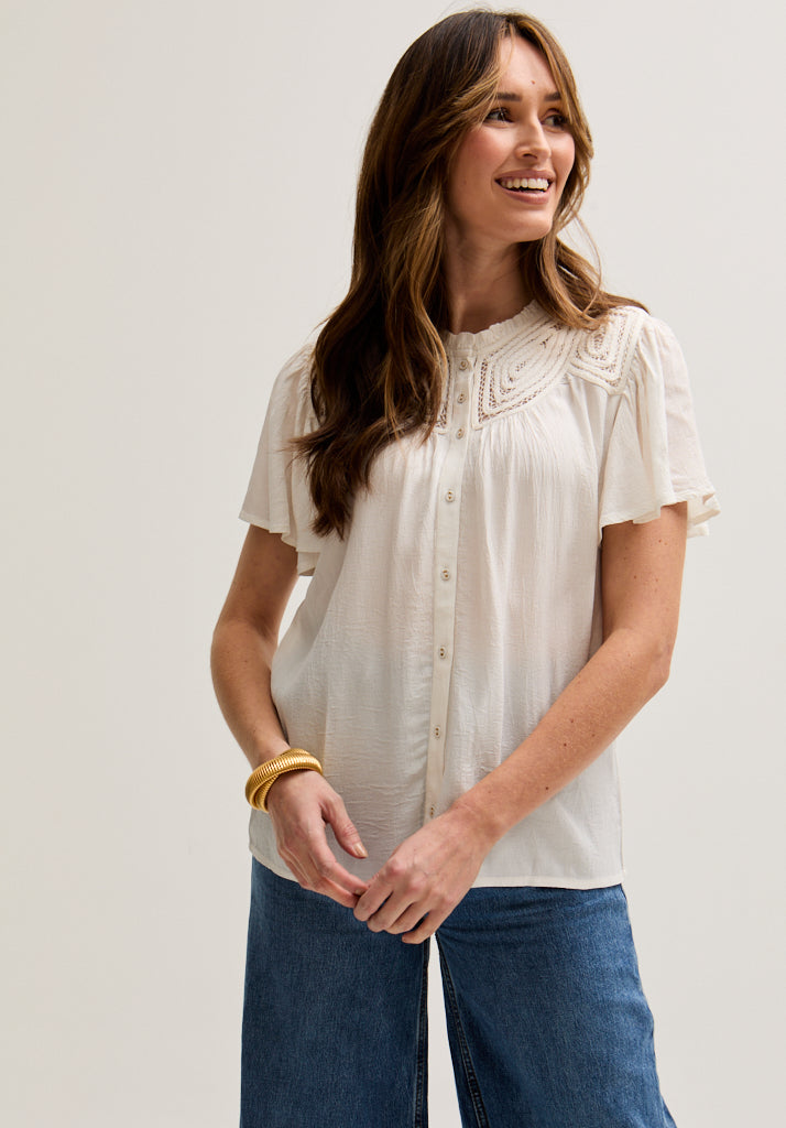 Kew Lace Insert Angel Sleeve Shirt In Cream