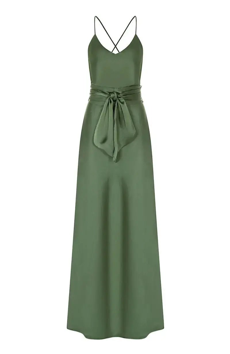 Brooklyn Dress in Olive Green Satin - Strappy Slip Bridesmaid Dress
