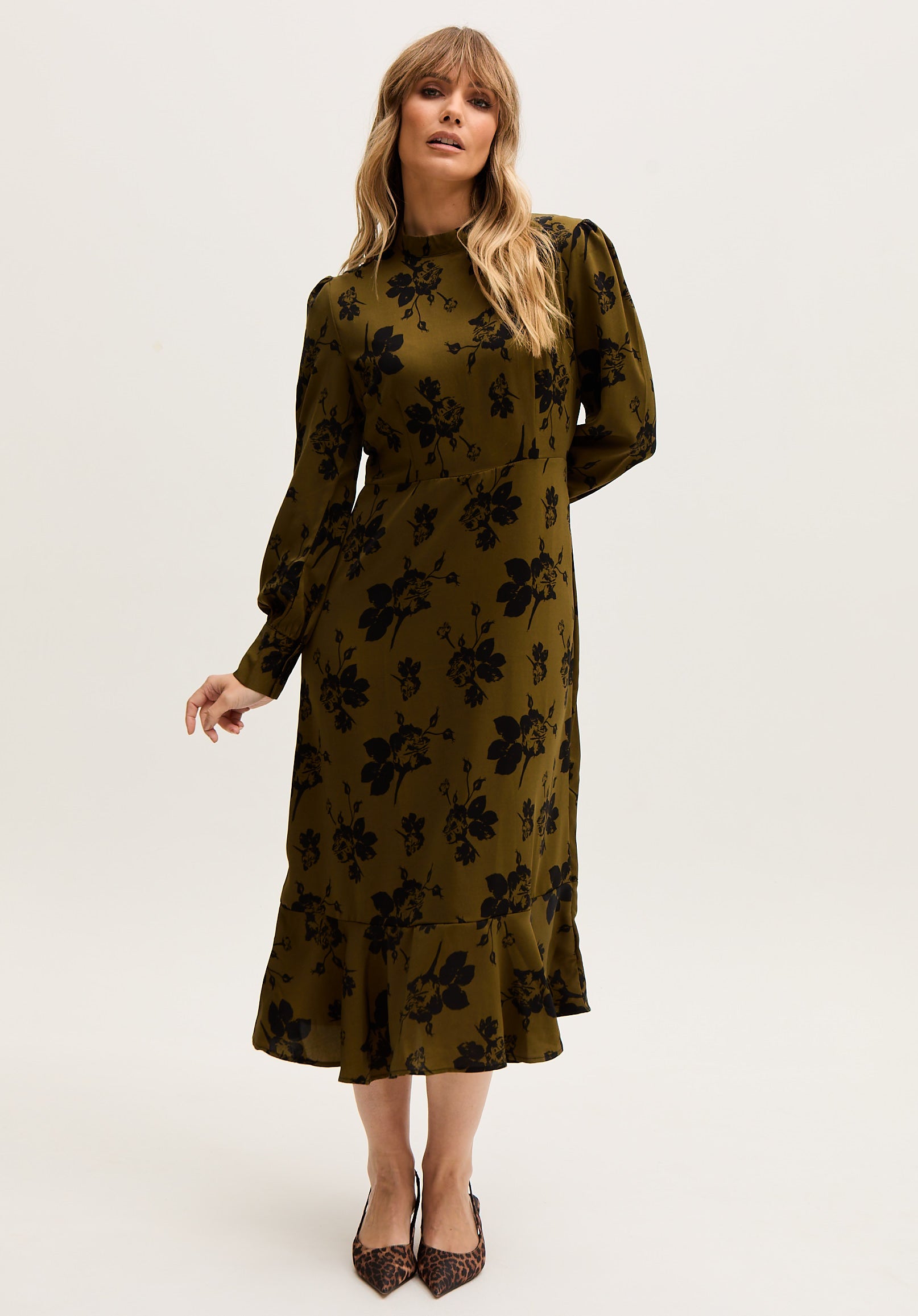 Scarlett High Neck Floral Print Midi Dress in Khaki- image 2