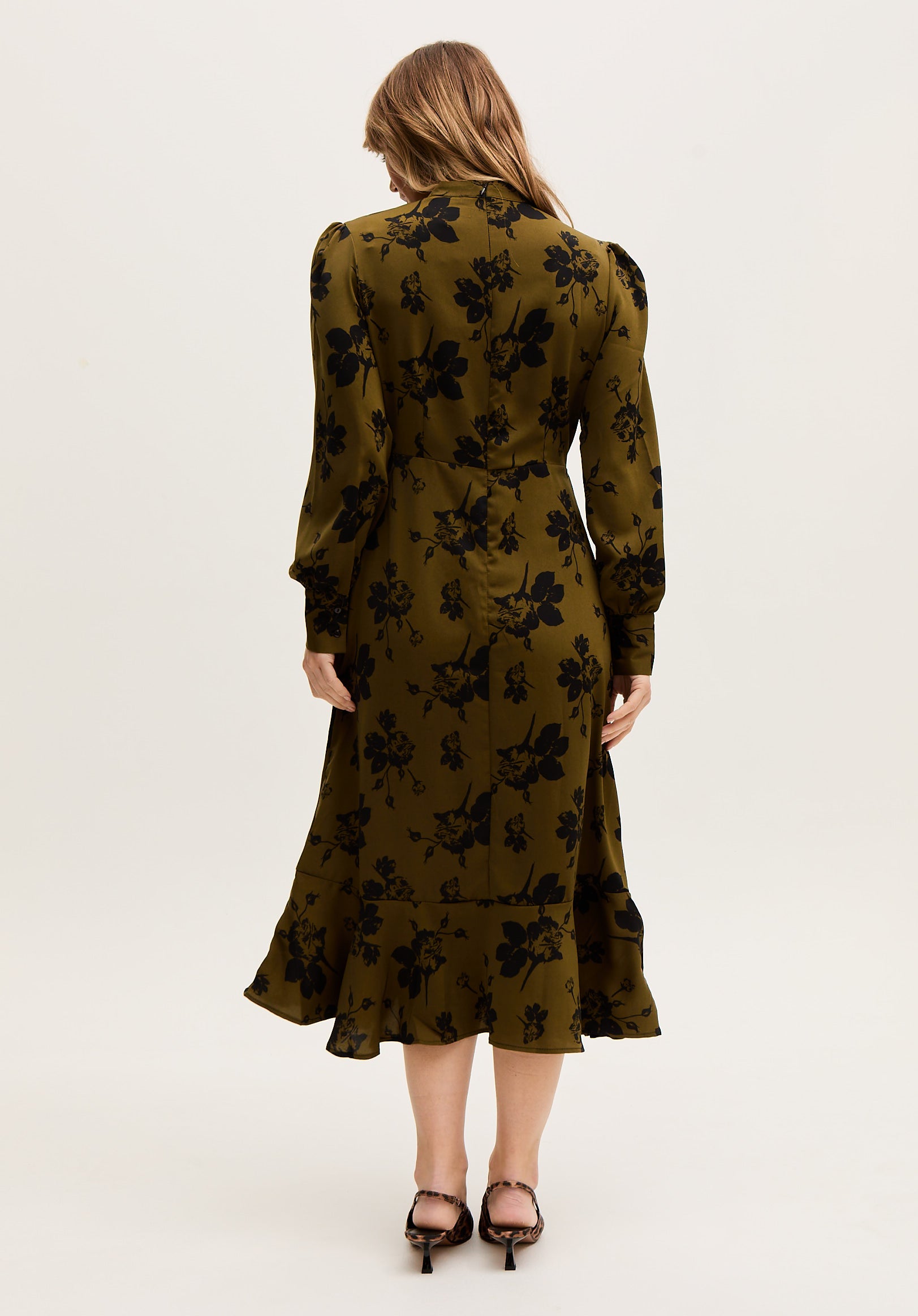 Scarlett High Neck Floral Print Midi Dress in Khaki- image 5