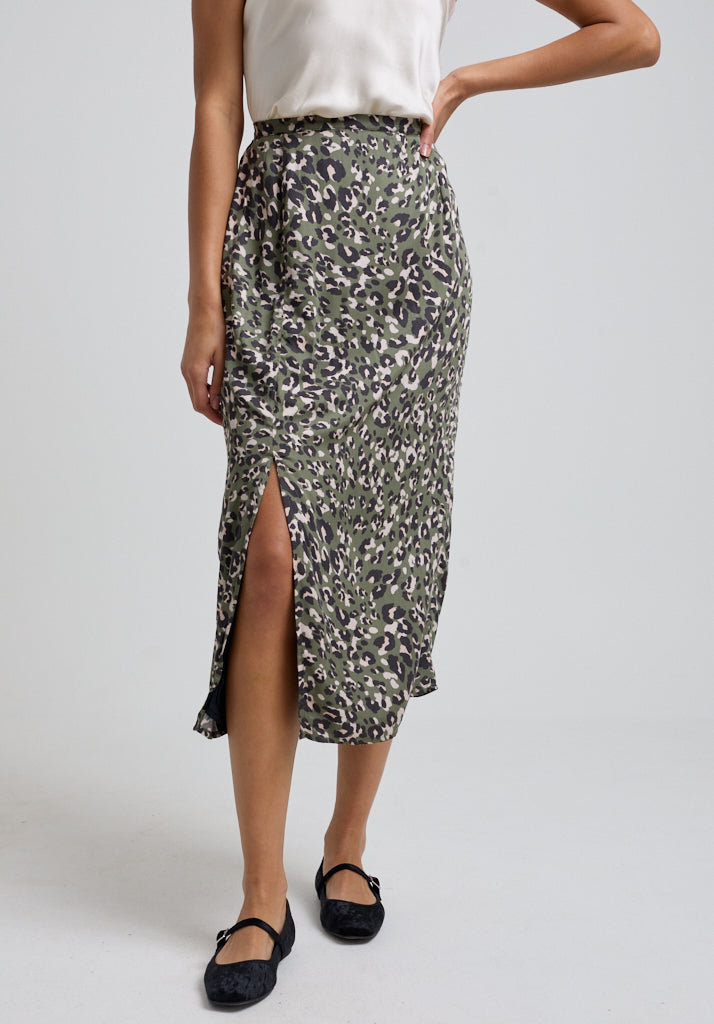 Grace Khaki Cat Midi Skirt in Green