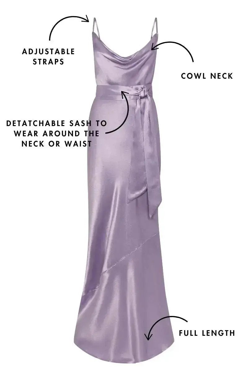 Pollenca cowl neck Dress in Lilac Satin