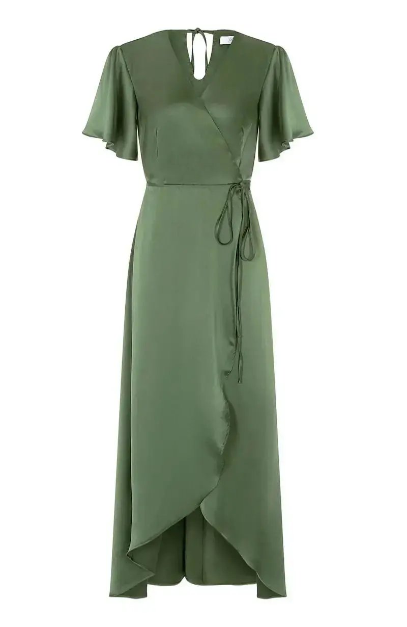 Florence Waterfall Dress in Olive Green Satin