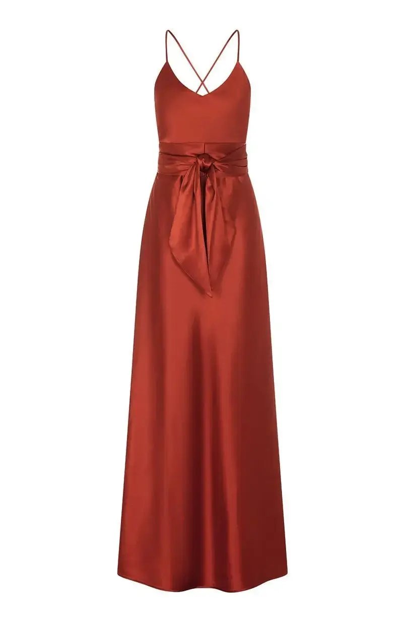 Brooklyn Dress in Burnt Orange Satin - Strappy Slip Bridesmaid Dress