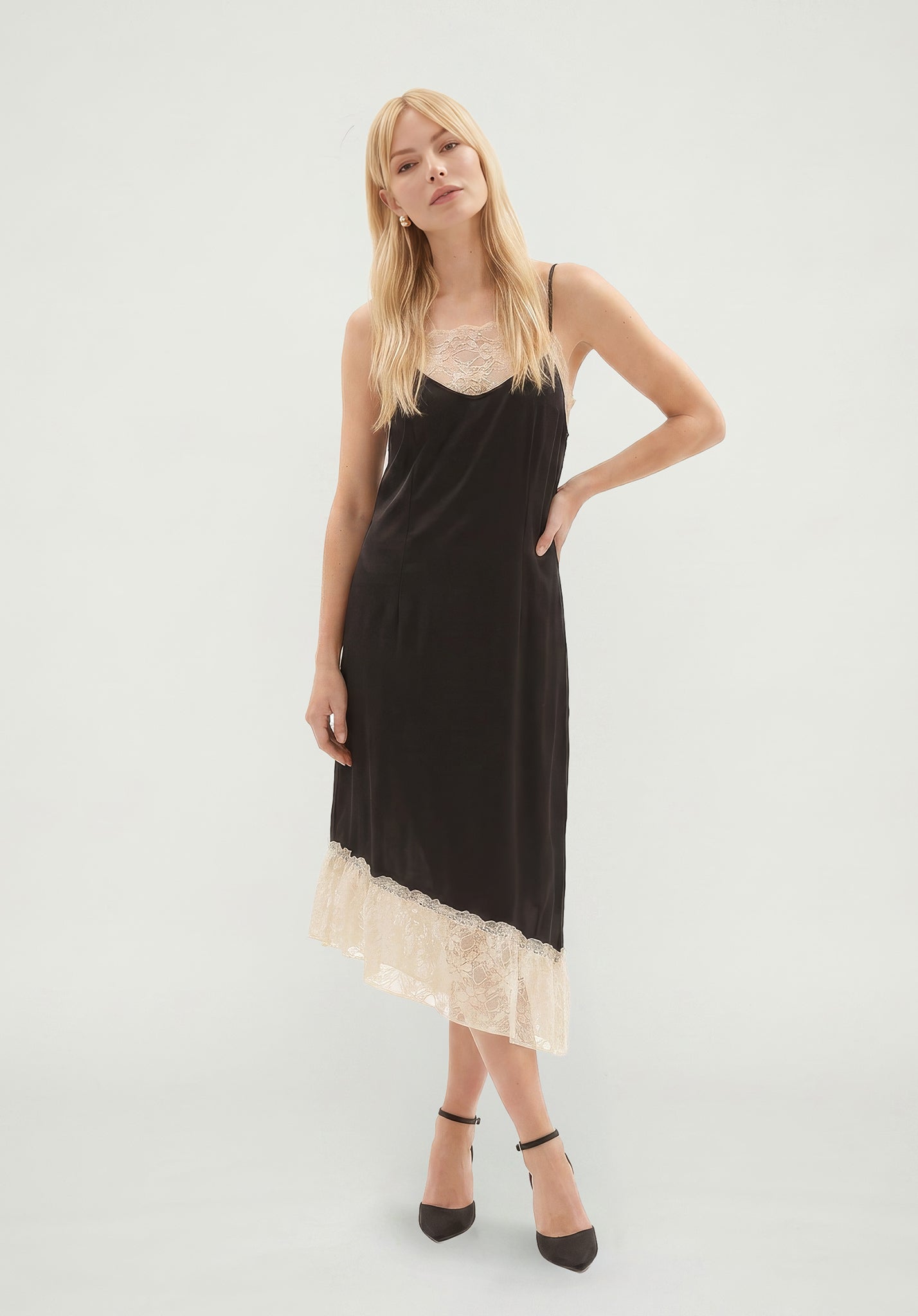PREORDER Abby Lace Insert Midi Dress in Black and White