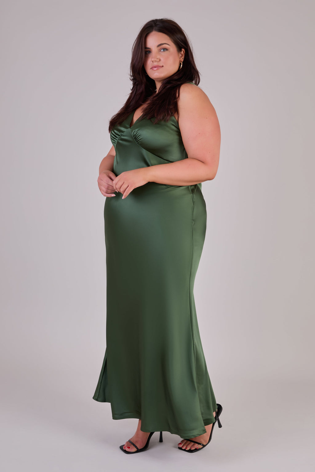Amelia Dress in Olive Green Satin — Bias-Cut Maxi Bridesmaid Dress