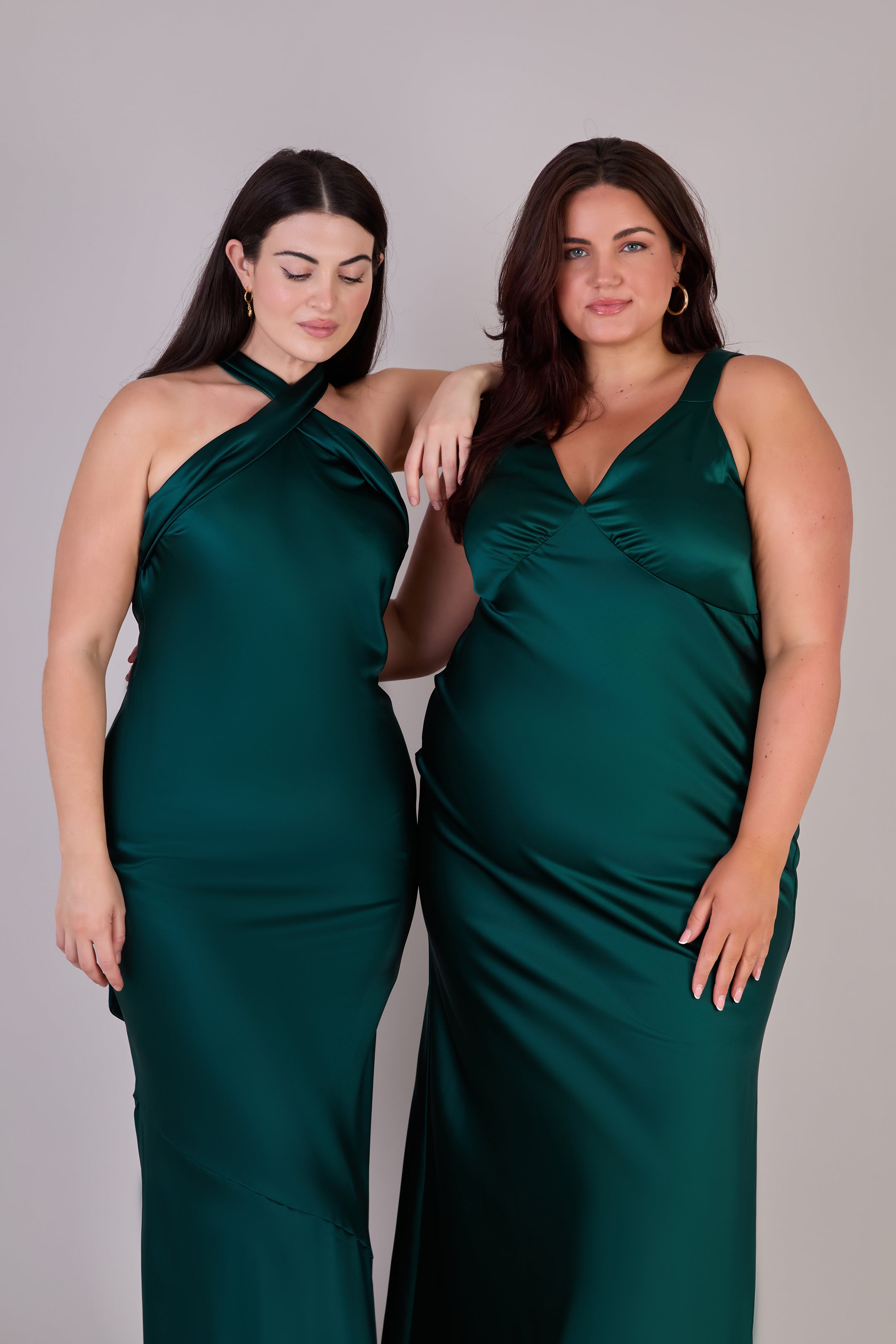 Amelia Dress in Forest Green Satin — Bias-Cut Maxi Bridesmaid Dress