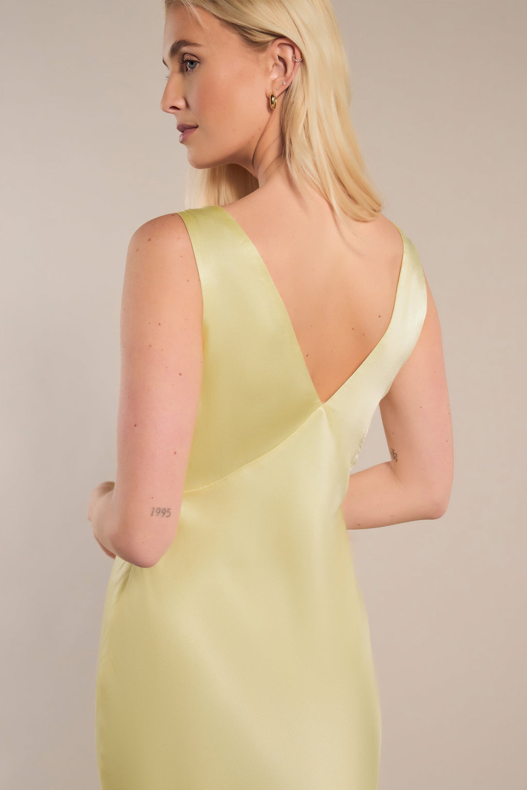 Amelia Dress in Lemonade Yellow Satin — Bias-Cut Maxi Bridesmaid Dress