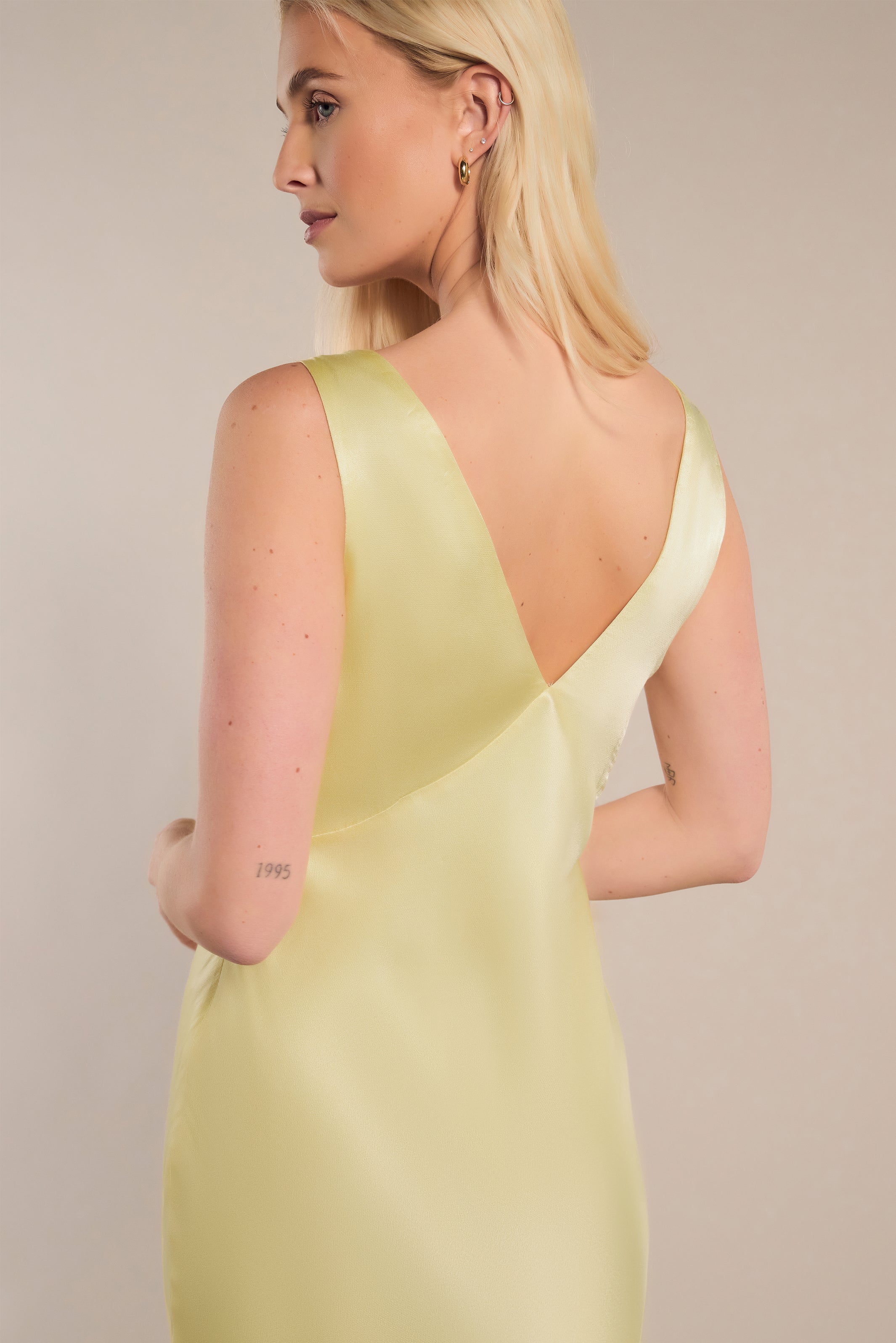 Amelia Dress in Lemonade Yellow Satin — Bias-Cut Maxi Bridesmaid Dress