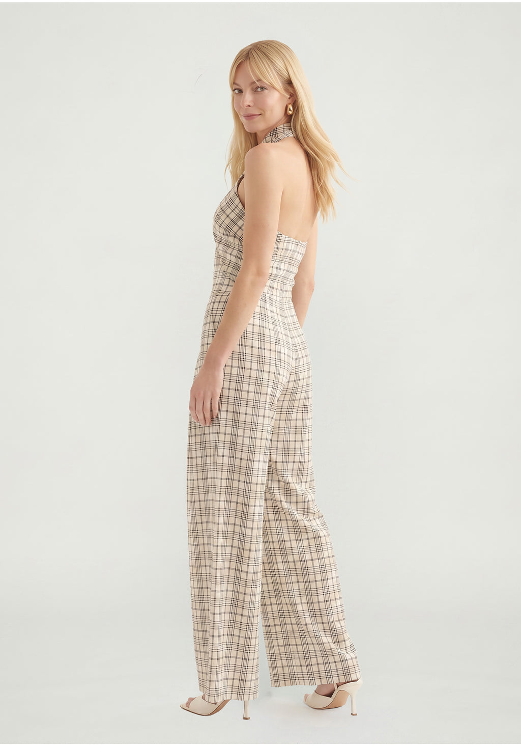 PREORDER Ardern Halterneck Check Culotte Jumpsuit in Neutral