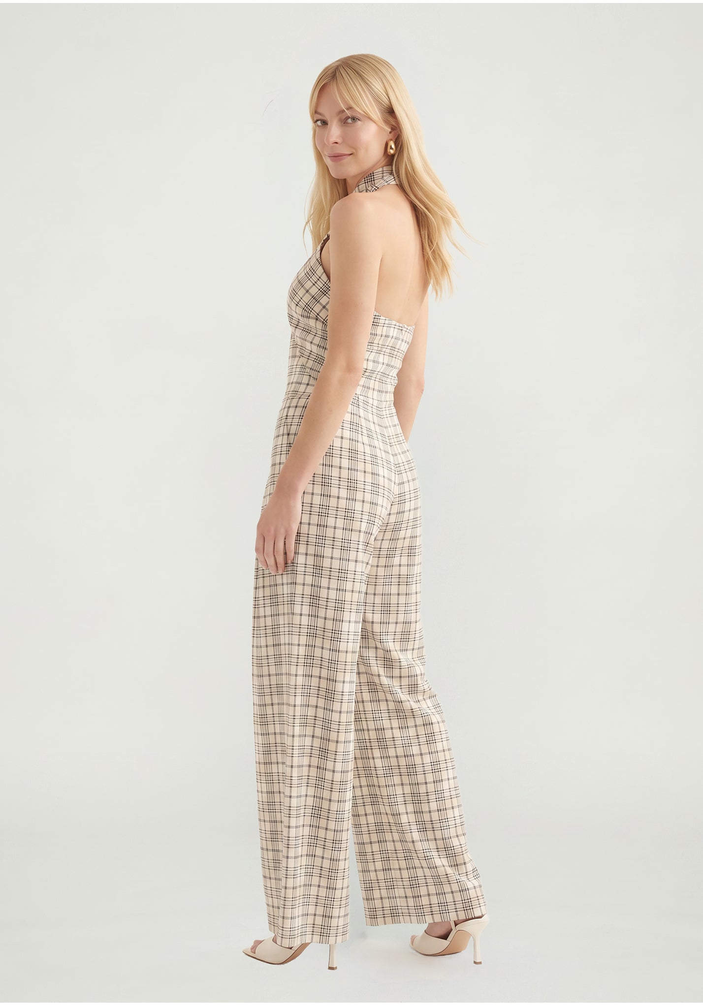 PREORDER Ardern Halterneck Check Culotte Jumpsuit in Neutral