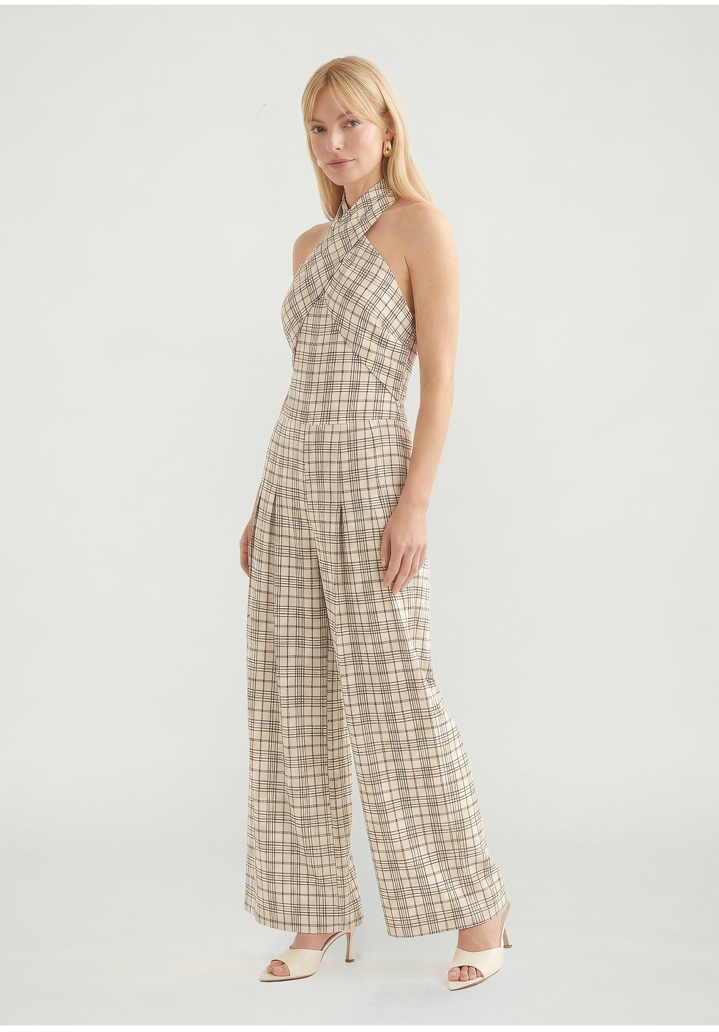 PREORDER Ardern Halterneck Check Culotte Jumpsuit in Neutral